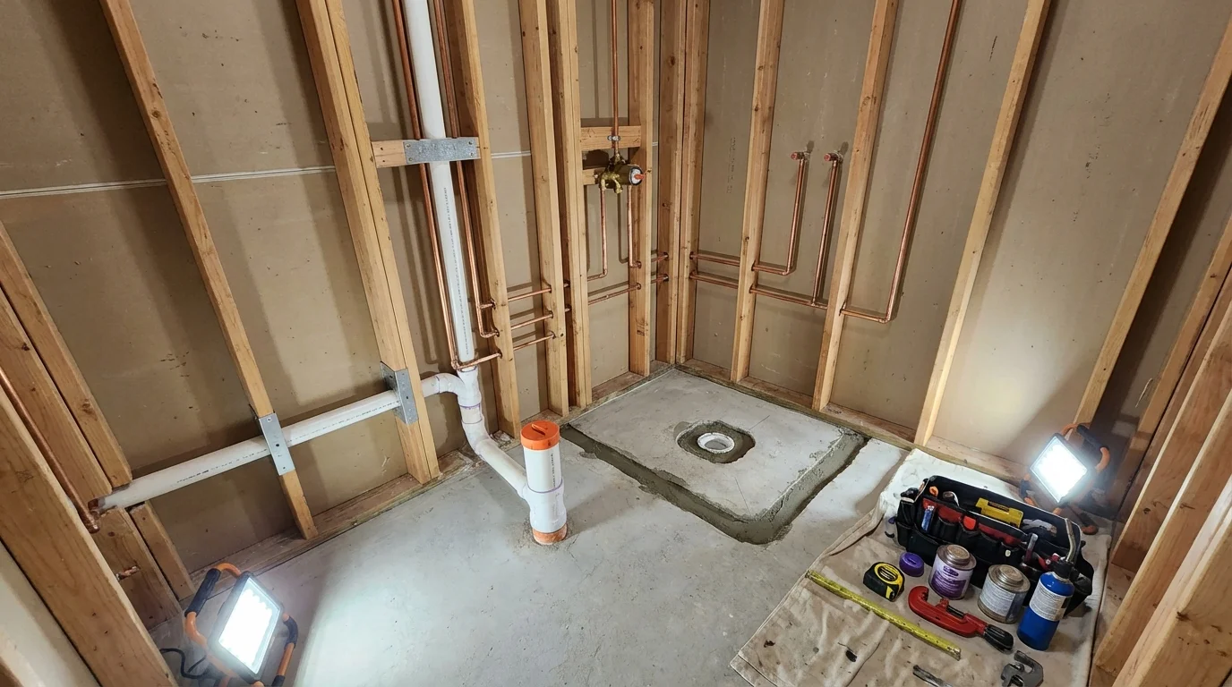 Bathroom rough-in plumbing during remodel by Johns Plumbing LLC in Lykens