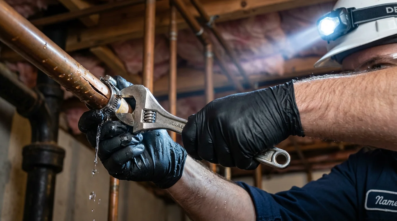 Emergency pipe clamp repair being performed by a Johns Plumbing LLC plumber in Lykens