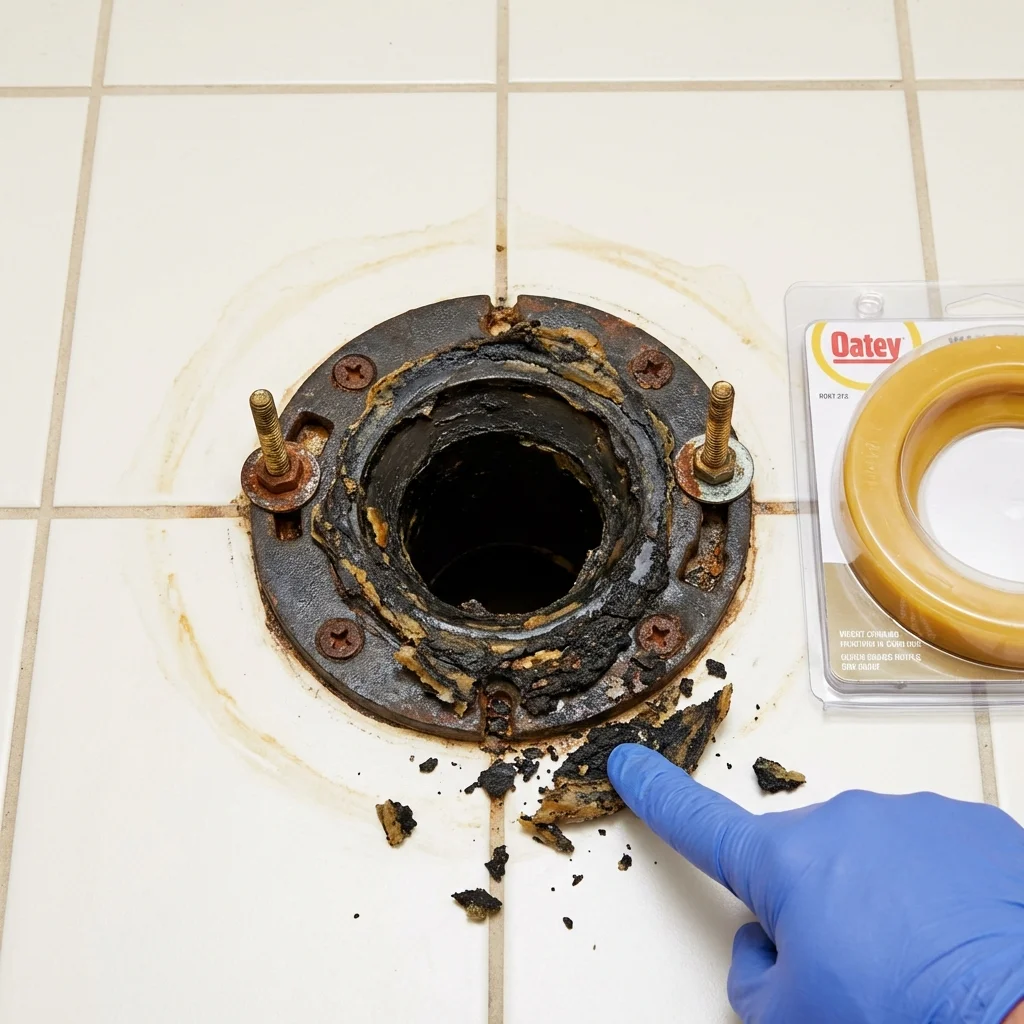 Failed wax ring showing water seepage at the base of a toilet in a Lykens, PA home