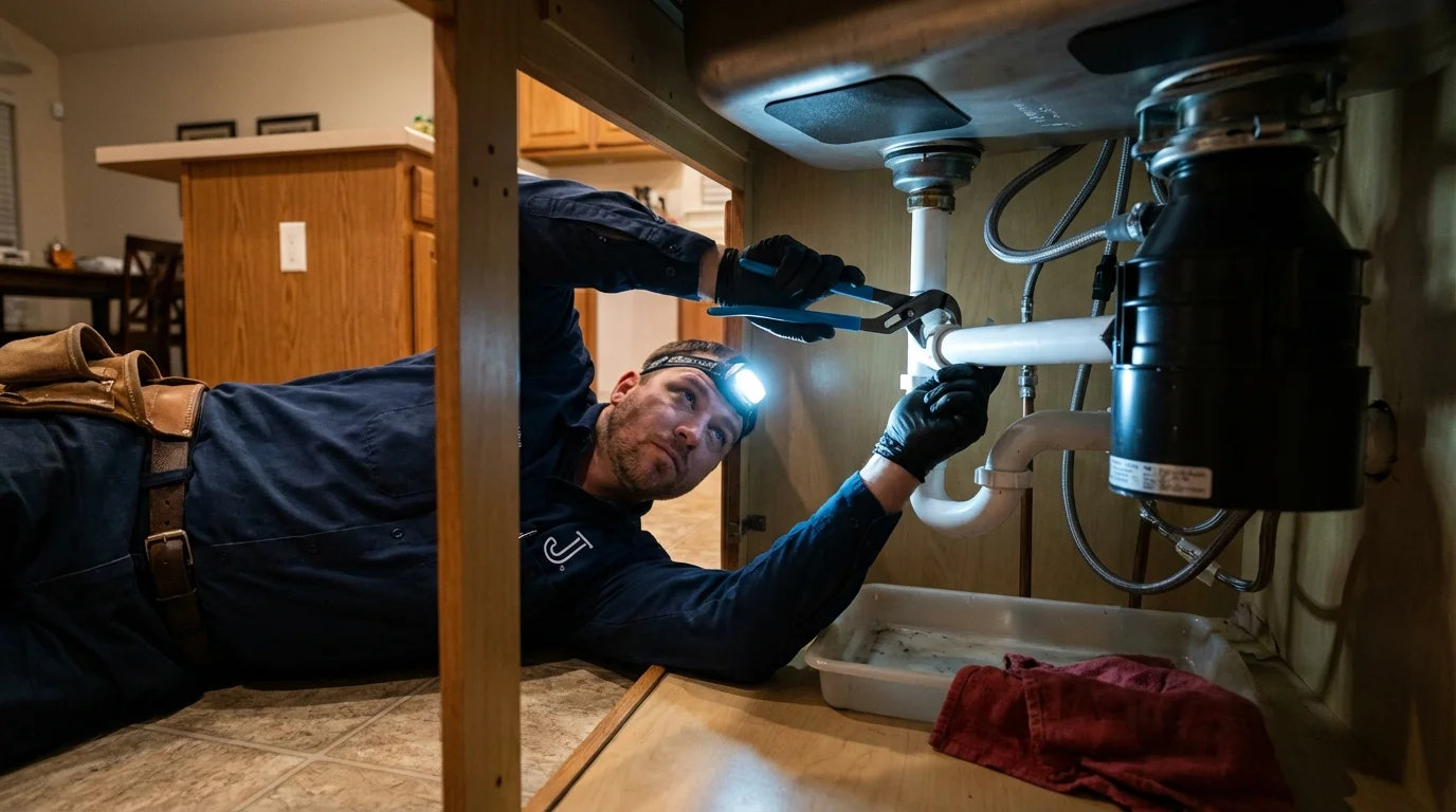 P-trap and supply line connections under a kitchen sink showing a common leak point in Lykens, PA